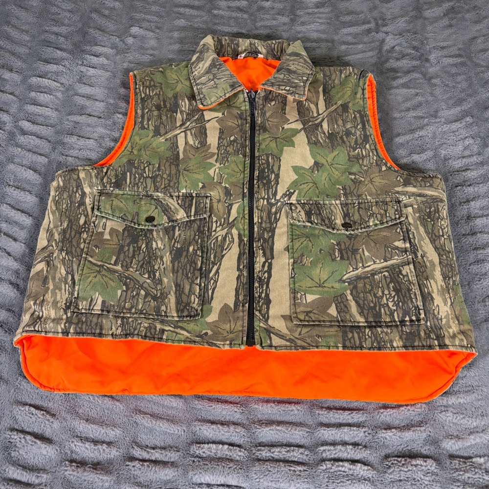 Winchester Mens XL Trebark Camo Hunting Vest Blaze Orange Lining Full Zip AT208